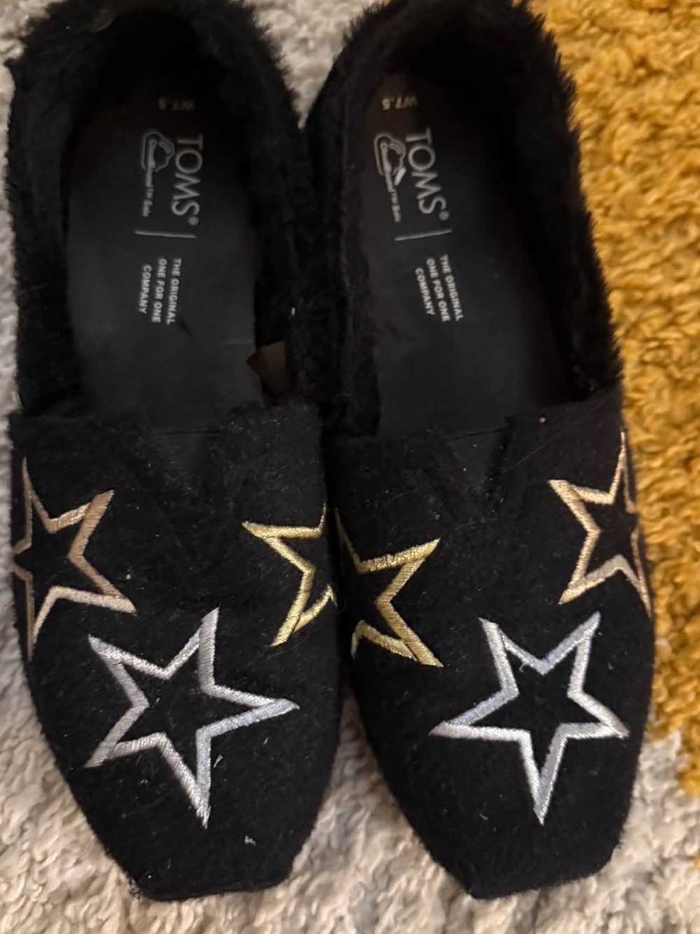 Toms Black Slip-On Flats with Gold & Silver Star Embroidery